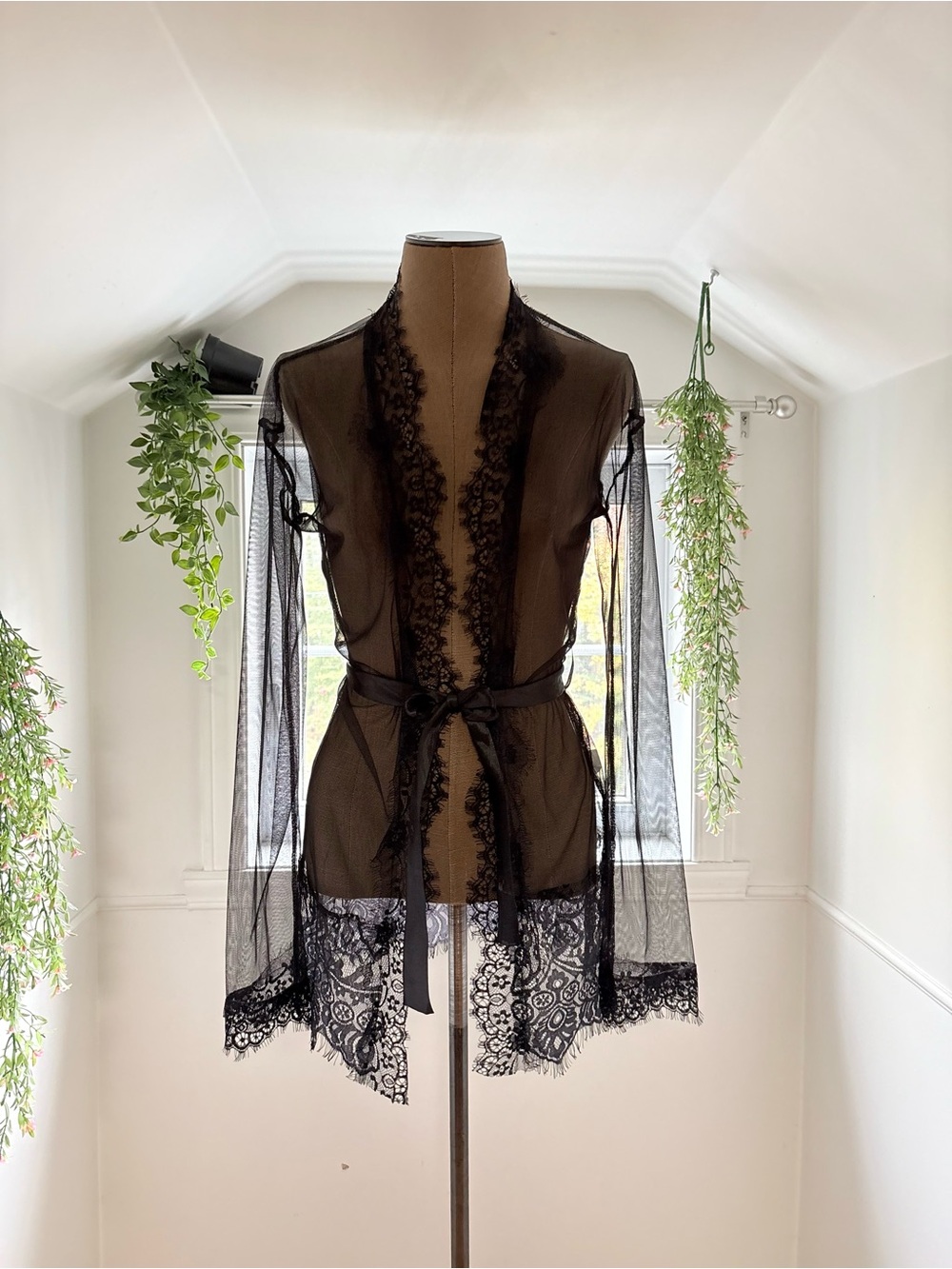 Black Lace Sheer Robe with Tie Waist